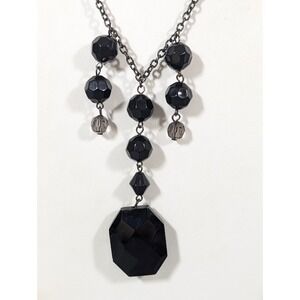 Gothic Victorian Black Bead Fringe Pendant Necklace Glass Statement 19"